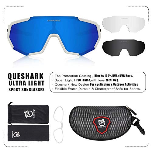 Queshark Gafas de Ciclismo Polarizadas Gafas de Sol Deportivas con Montura TR90 Gafas de Bicicleta Para Hombres Mujeres con 3 Lentes Intercambiables Anti-UV400