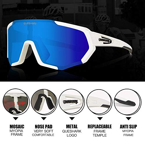 Queshark Gafas de Ciclismo Polarizadas Gafas de Sol Deportivas con Montura TR90 Gafas de Bicicleta Para Hombres Mujeres con 3 Lentes Intercambiables Anti-UV400