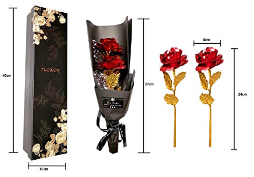 Ramo Flores Rosa Chapada en Oro, Ramo Rosa Artificiales de Papel Oro con Caja de Regalo, Regalo Ideal para el día de San Valentín, día de la Madre, Aniversario, cumpleaños, Navidad, decoración (Rojo)