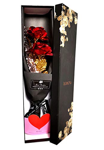 Ramo Flores Rosa Chapada en Oro, Ramo Rosa Artificiales de Papel Oro con Caja de Regalo, Regalo Ideal para el día de San Valentín, día de la Madre, Aniversario, cumpleaños, Navidad, decoración (Rojo)