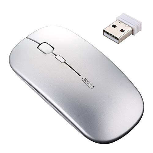 Ratón Inalámbrico Recargable, Silencioso Infame Ratón óptico Silencioso Click Mini, Ultra Delgado 1600 dpi para Computadora Portátil, PC, Portátil, Computadora, Macbook (Plata Clara)