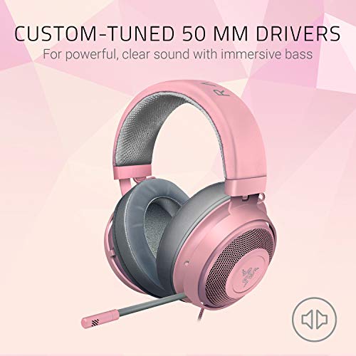 Razer Kraken Auriculares Gaming con cable para juegos multiplataforma para PC, PS4, Xbox One & Switch, Diafragma 50 mm, Cable de 3.5mm con controles de línea, Quartz / Rosa