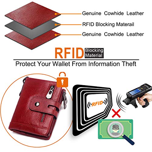 REETEE Cartera Mujer Piel Bloqueo RFID Monedero de Cuero Pequeño Mujer 16 Ranuras para Tarjetas Mujer Carteras con Cremallera Compartimiento Múltiple Billetera Bifold Mujeres (Rojo)