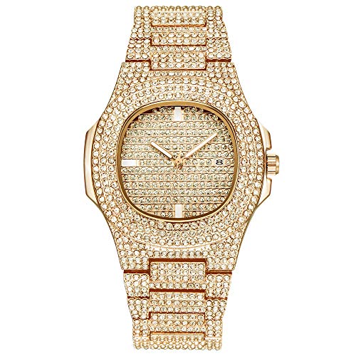 Reloj Hombres Bling Bling Joyería de Moda Cristal Diamante Diamante de imitación Relojes para Mujer Banda de Acero Pulsera Redonda Dial analógico Hip Hop Royalty Reloj