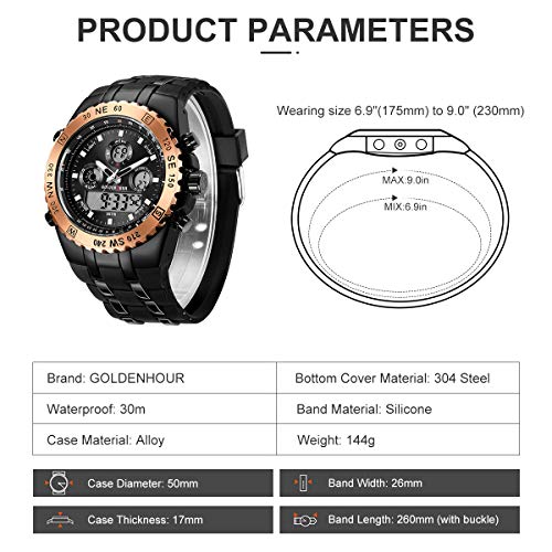 Relojes Gruesos para Hombres, cronómetro Deportivo Resistente al Agua, Gran Rostro, Alarma de Fecha, Digital Ligero, Reloj de Pulsera analógico Militar de Acero Inoxidable con Banda de Goma