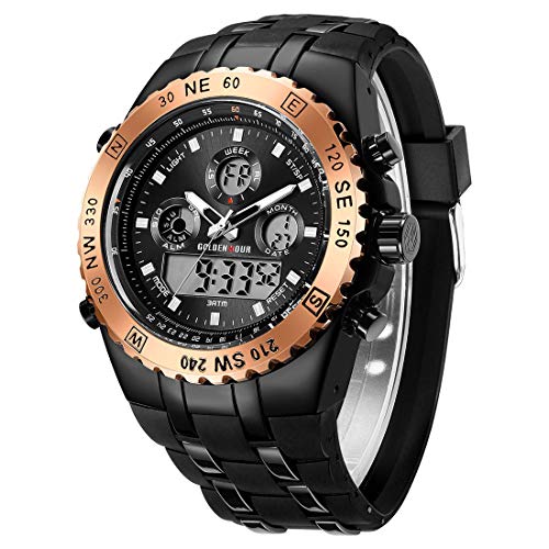 Relojes Gruesos para Hombres, cronómetro Deportivo Resistente al Agua, Gran Rostro, Alarma de Fecha, Digital Ligero, Reloj de Pulsera analógico Militar de Acero Inoxidable con Banda de Goma