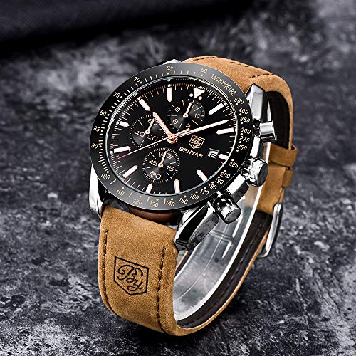 Relojes Hombre BENYAR Cronógrafo Analógico Cuarzo 3AMT Impermeable Pulsera de Cuero Deporte Watch Business Casual Relojes de Pulsera Regalo Elegante