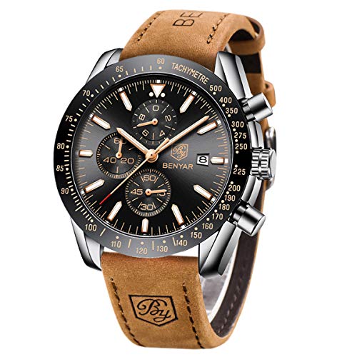 Relojes Hombre BENYAR Cronógrafo Analógico Cuarzo 3AMT Impermeable Pulsera de Cuero Deporte Watch Business Casual Relojes de Pulsera Regalo Elegante