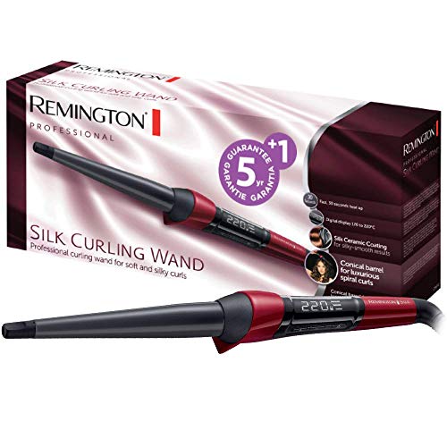 Remington Silk CI96W1 - Rizador de pelo, Pinza de 13 a 25 mm, Cerámica Sedosa, Digital, Punta Fría, Negro y Rojo