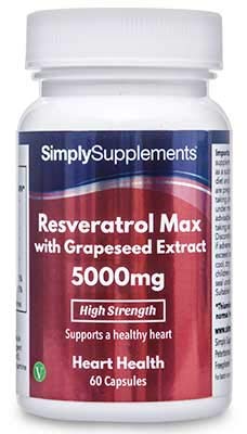 Resveratrol MAX 5000 mg con Extracto de Semilla de Uva - 60 Cápsulas - Apto para veganos - SimplySupplements