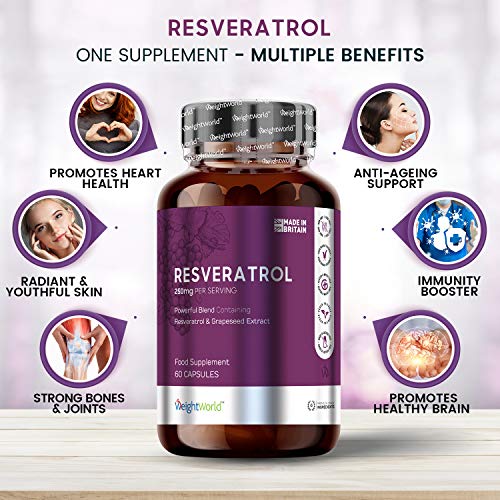 Resveratrol Puro en Capsulas | Suplemento AntiArrugas Natural | Vitaminas para la Piel y Articulaciones | Sin Gluten | Antioxidante Con Extracto de Vino Rojo para Metabolismo | WeightWorld |