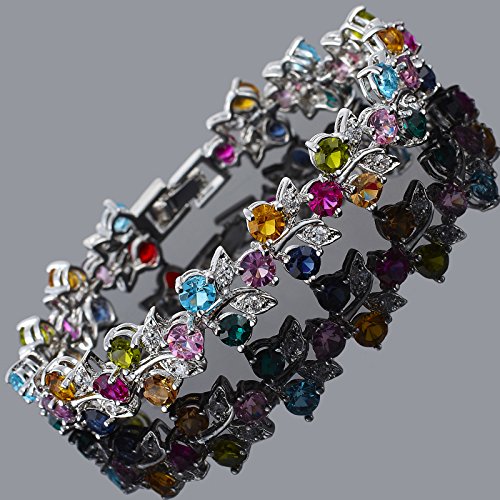 Rizilia Tenis Pulsera [18cm/7inch] con Corte Redondo Piedras Preciosas Circonita CZ [Multicolor] en 18K Chapado en Oro Blanco, Elegancia Moderna Sencillo