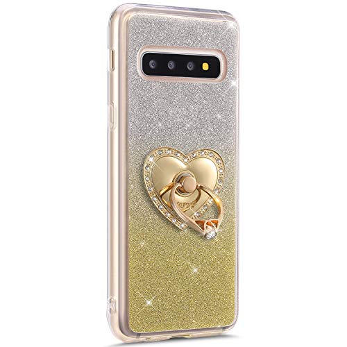 Robinsoni Funda Compatible con Samsung Galaxy S10 Plus Funda de Silicona Suave de TPU Fundas con Dimantes Anillo Movil Protector Cubierta Maquillaje Glitter Anti-caída Caso Estuche Resistente, Oro