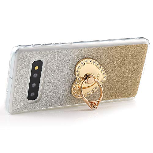 Robinsoni Funda Compatible con Samsung Galaxy S10 Plus Funda de Silicona Suave de TPU Fundas con Dimantes Anillo Movil Protector Cubierta Maquillaje Glitter Anti-caída Caso Estuche Resistente, Oro