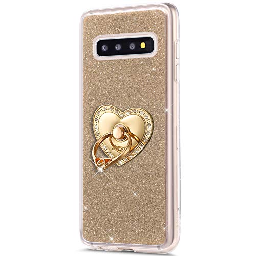 Robinsoni Funda Compatible con Samsung Galaxy S10 Plus Funda de Silicona Suave de TPU Fundas con Dimantes Anillo Movil Protector Cubierta Maquillaje Glitter Anti-caída Caso Estuche Resistente, Oro