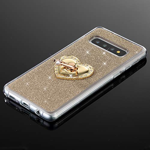 Robinsoni Funda Compatible con Samsung Galaxy S10 Plus Funda de Silicona Suave de TPU Fundas con Dimantes Anillo Movil Protector Cubierta Maquillaje Glitter Anti-caída Caso Estuche Resistente, Oro