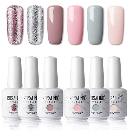 ROSALIND 15ml Esmaltes Semipermanentes de Uñas en Gel UV LED, Nude Pink Series 6 Colors Diseño de uñas Gift Box