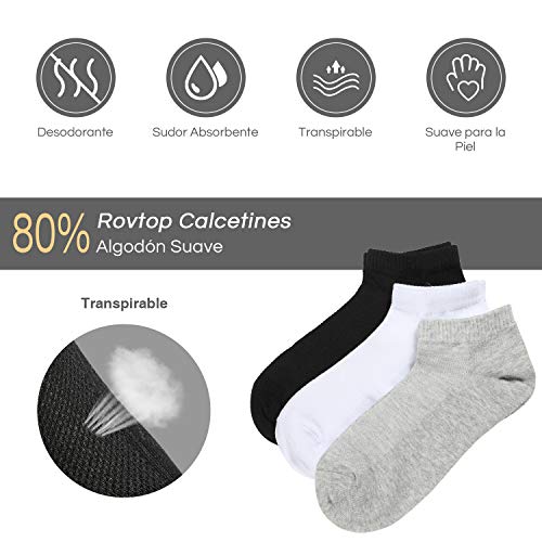 Rovtop 12 Pares de Calcetines para Hombre y Mujer - 6 Pares Calcetines Deportivos Medias Bajas y 6 Pares de Calcetines de Tubo Medio Transpirable (Blanco/Negro/Gris)