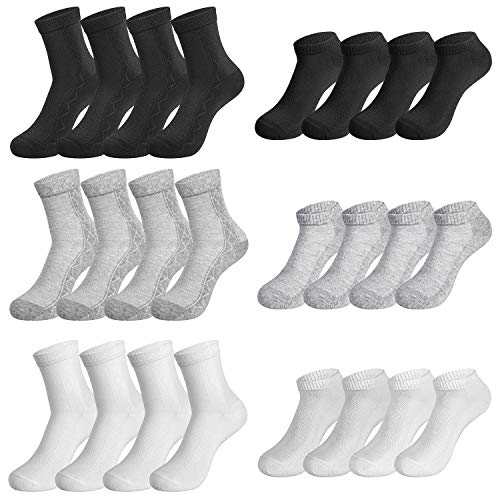 Rovtop 12 Pares de Calcetines para Hombre y Mujer - 6 Pares Calcetines Deportivos Medias Bajas y 6 Pares de Calcetines de Tubo Medio Transpirable (Blanco/Negro/Gris)