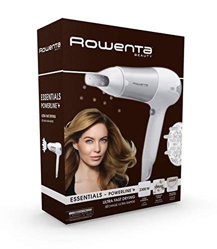 Rowenta CV5090F0 Powerline Plus - Secador de 2300 W potente, función Ionic, boquilla concentradora de aire y difusor, 2 velocidades y 3 temperaturas, botón de aire frío, Blanco y Plata