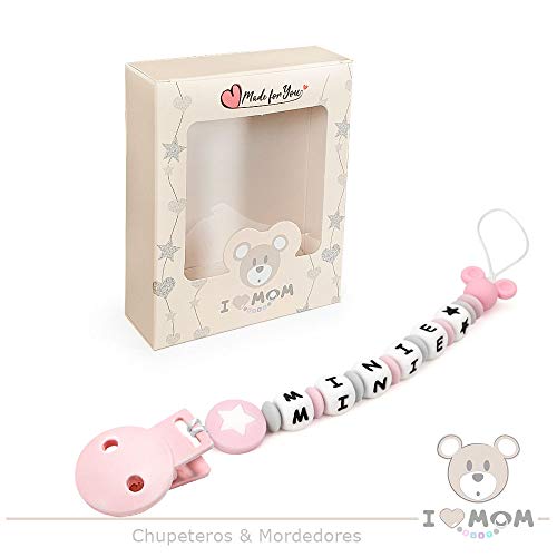 RUBY - Chupetero Personalizado para Bebe con Nombre Bola Silicona Antibacteriana con Pinza de Plástico (Rosa Pastel)