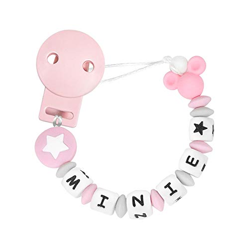 RUBY - Chupetero Personalizado para Bebe con Nombre Bola Silicona Antibacteriana con Pinza de Plástico (Rosa Pastel)