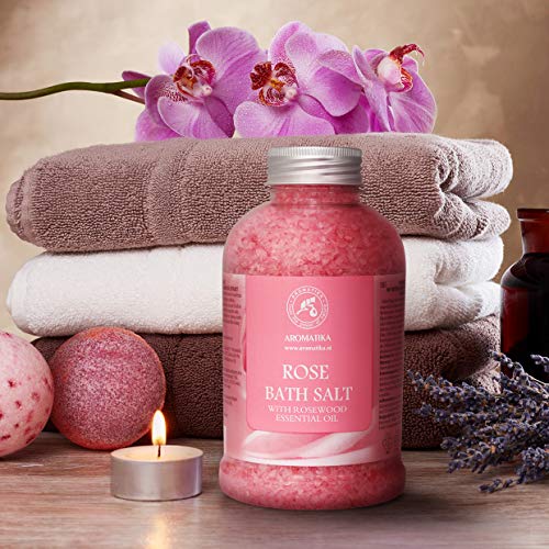 Sal de Baño de Rosas 600g - Sal Marina con Aceite Esencial de Palisandro 100% Natural - Sal de Baño Natural Rosas para Dormir Bien - Alivio del Estrés - Belleza - Corporal - Relajación