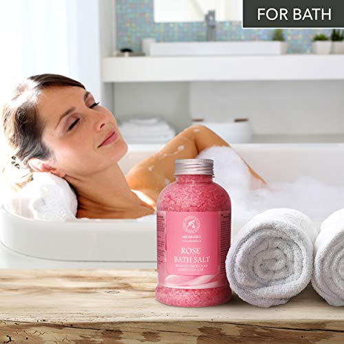 Sal de Baño de Rosas 600g - Sal Marina con Aceite Esencial de Palisandro 100% Natural - Sal de Baño Natural Rosas para Dormir Bien - Alivio del Estrés - Belleza - Corporal - Relajación