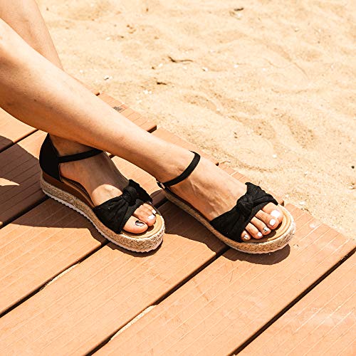 Sandalias Mujer Plataforma Esparto Verano Casual Alpargatas de Cuña Plateau Moda con Correa Tobillo 5 CM Negro E Talla 39 EU