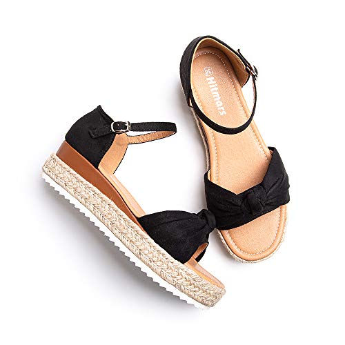 Sandalias Mujer Plataforma Esparto Verano Casual Alpargatas de Cuña Plateau Moda con Correa Tobillo 5 CM Negro E Talla 39 EU