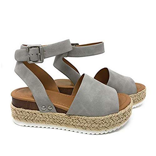 Sandalias Mujer Verano 2019 cáñamo Fondo Grueso Sandalias Punta Abierta Cuero Fondo Plano Zapatos Bohemias Romanas Hebilla Zapatillas Gris 35-43 riou