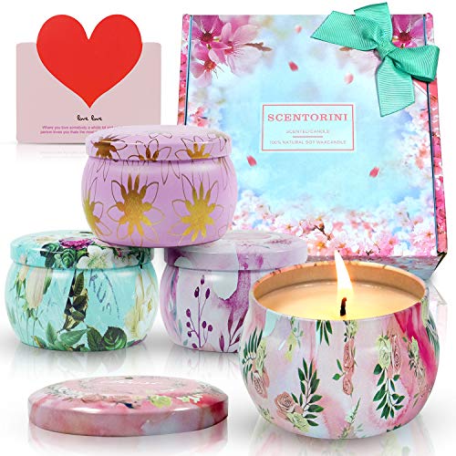 SCENTORINI Vela Perfumada Aroma Velas Cera Natural en Caja de 4 Velas Perfumadas Set de Regalo, Aroma a peonía, Canela, Lavanda y Rosa, 120h