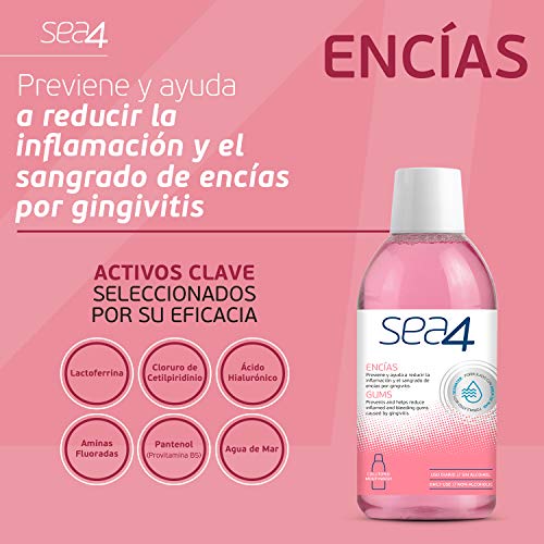 SEA4 Colutorio Encías Uso Diario. Previene el Sangrado de Encias e Inflamación por Gingivitis. Formulado con Agua de Mar. Sin Alcohol. 0% Clorhexidina, 500ml.