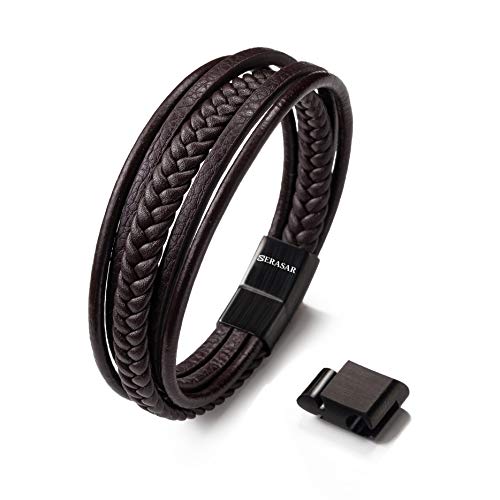 SERASAR 19cm Marrón Pulsera de Cuero Hombre Chico Pulseras Hombres Brazalete Brazaletes Pulso Muñequera Muñequeras Bisuteria Bisutería Joyeria Nudos Cuerda Cuerdas Bracelet Men Jewellery Unisex Ancha