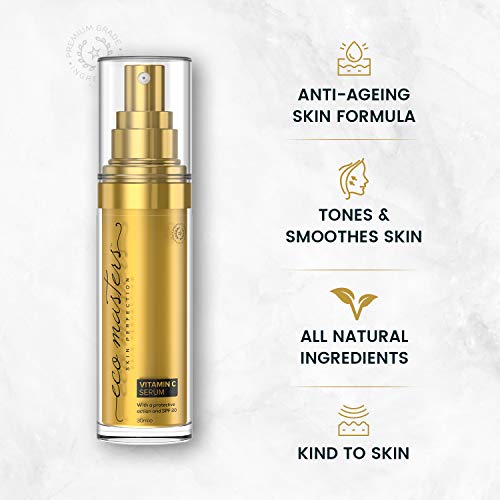 Sérum Facial con Vitamina C y Ácido Hialurónico 30ml - Suero Hidratante Natural, Efecto Antiarrugas y Antiedad, Repara y Tonifica la Piel y Contorno de Ojos, Protección Solar SPF 20, Eco Masters