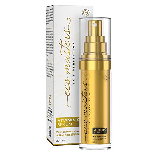 Sérum Facial con Vitamina C y Ácido Hialurónico 30ml - Suero Hidratante Natural, Efecto Antiarrugas y Antiedad, Repara y Tonifica la Piel y Contorno de Ojos, Protección Solar SPF 20, Eco Masters