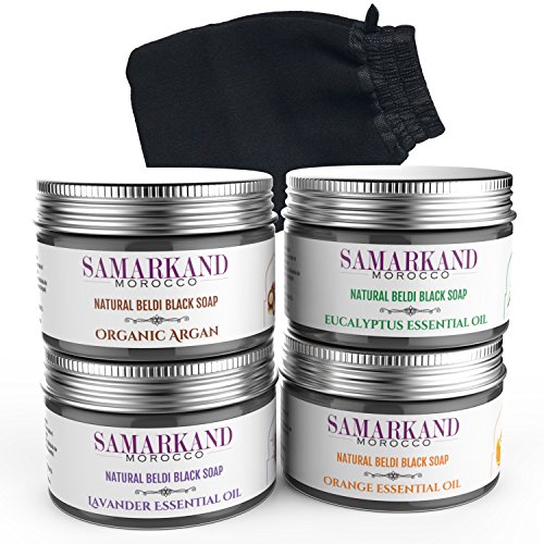 Set de Jabón Negro Marroquí para Hammam con Aceite de Argan Ecológico, Eucalipto, Naranja y Lavanda + Guante Manopla Kessel-Kessa - Natural Beldi para la Exfoliación e Hidratación Corporal 400 gr