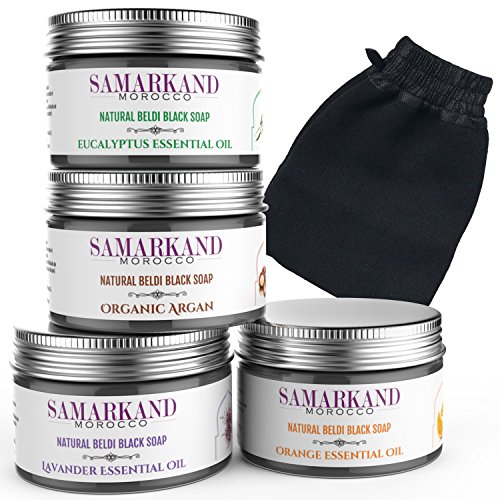 Set de Jabón Negro Marroquí para Hammam con Aceite de Argan Ecológico, Eucalipto, Naranja y Lavanda + Guante Manopla Kessel-Kessa - Natural Beldi para la Exfoliación e Hidratación Corporal 400 gr