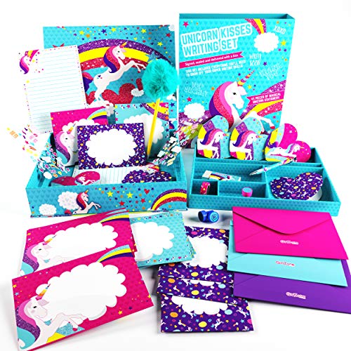 Set de Papel de Carta Unicornio para Niñas de GirlZone - Juego con Hojas, Tarjetas, Sobres, Bolígrafos, Goma, Pegatinas, Cinta Adhesiva y Sellos - Papeleria, Idea de Regalos, Cumpleaños, Invitaciones