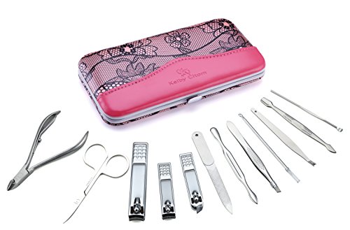 Set Manicura y Pedicura Corta Cuticulas Profesional - Cortauñas Acero Inoxidable Utensilios para Limpiador de Uñas kit Belleza 12 Piezas con Leder Caja by Keiby Citom (Rosa)