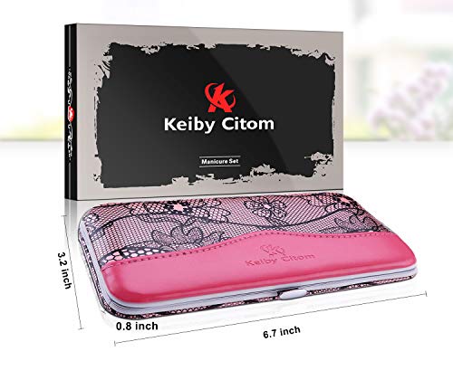 Set Manicura y Pedicura Corta Cuticulas Profesional - Cortauñas Acero Inoxidable Utensilios para Limpiador de Uñas kit Belleza 12 Piezas con Leder Caja by Keiby Citom (Rosa)