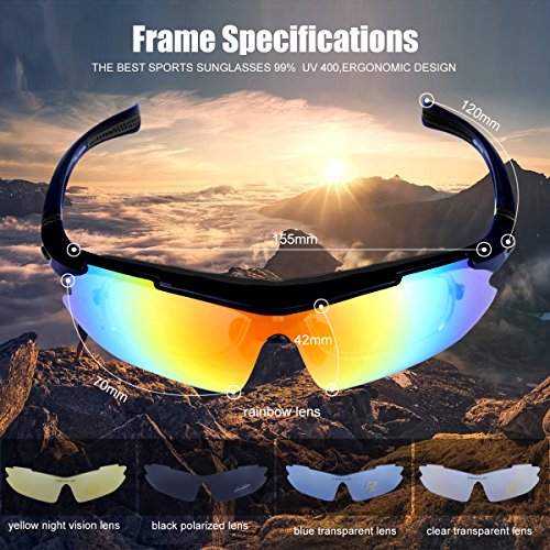 ShareWe Gafas de Ciclismo Unisex Gafas de Sol de Deportivas Polarizadas 5 Lentes Intercambiables para Deporte y Aire Libre Ciclismo Conducir Pesca Ski Esquiar Golf Correr (Negro)