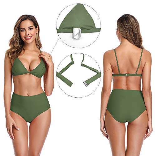 SHEKINI Copa Dividida en triángulo para Mujer Bikini Ajustable Cintura Alta Impreso Briefs Flores Hojas Traje de baño (M, Verde Oliva)