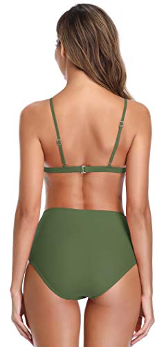 SHEKINI Copa Dividida en triángulo para Mujer Bikini Ajustable Cintura Alta Impreso Briefs Flores Hojas Traje de baño (M, Verde Oliva)