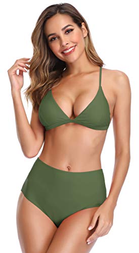 SHEKINI Copa Dividida en triángulo para Mujer Bikini Ajustable Cintura Alta Impreso Briefs Flores Hojas Traje de baño (M, Verde Oliva)