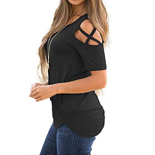 SHOBDW Mujeres de Manga Larga sólido más el tamaño de Encaje Blusa Casual Tops Sueltas Camiseta (Negro, XL)