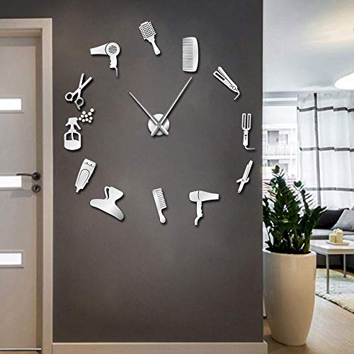 Shumo DIY Barber Shop Reloj de Pared Gigante con Efecto Espejo Juegos de Herramientas de Barbero Reloj Decorativo Sin Marco Reloj Peluquería Barber Wall Art (Plata)