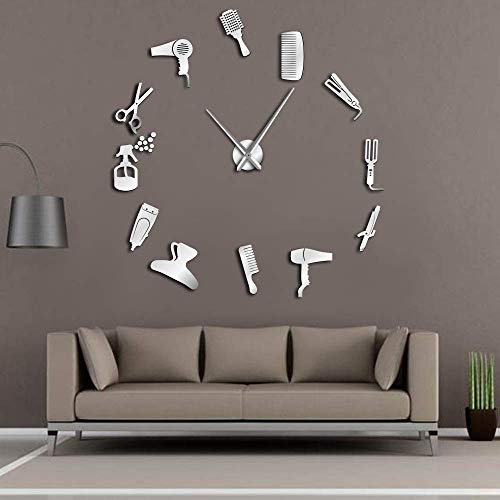 Shumo DIY Barber Shop Reloj de Pared Gigante con Efecto Espejo Juegos de Herramientas de Barbero Reloj Decorativo Sin Marco Reloj Peluquería Barber Wall Art (Plata)