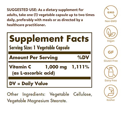 Solgar Vitamina C 1.000 mg, Luminosidad y Tonificación de Piel, Reduce el Cansancio, Apto para Veganos, 250 Cápsulas Vegetales