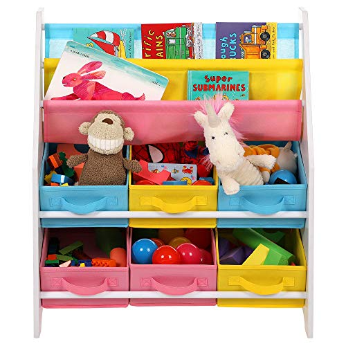 SONGMICS Estantería para Juguetes Organizador de Juguetes Estantería Infantil con Cajas de Colores Cajas de Tela no Tejida para Guardar Libros y Juguetes 63 x 74 x 26,5 cm GKR36WT